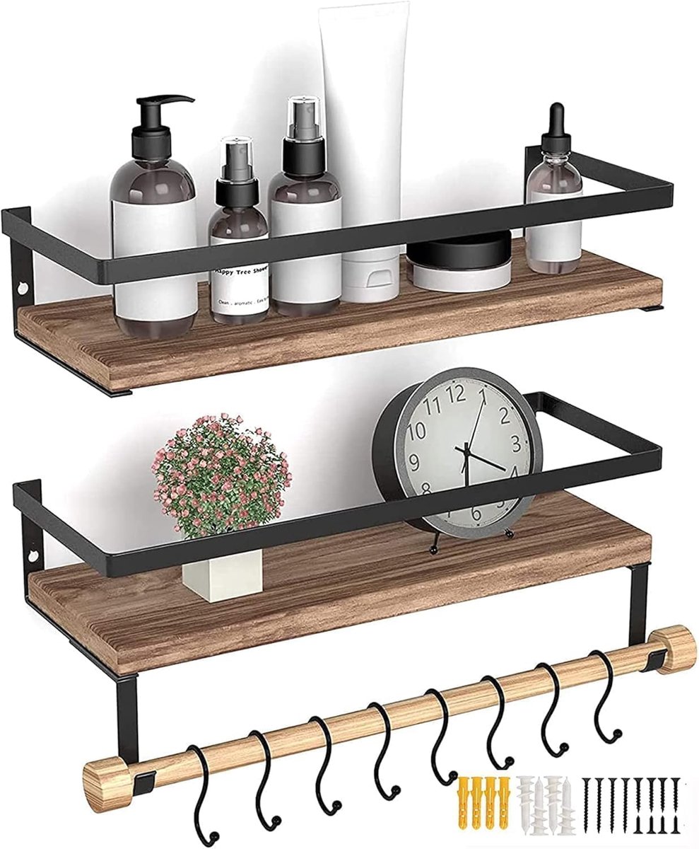 Thijox - Houten Zwevende Planken Set van 2 met Handdoekhouder, Wandplanken, Wandopbergrek,
