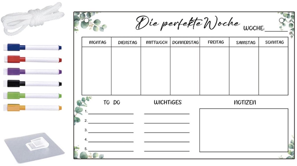 Dailygoods- Weekplanner Afveegbaar 30 x 20 cm - Weekplanner Kind - Memobord Magnetisch - Huishoudplan - Acrylglas - Eenvoudig te Installeren