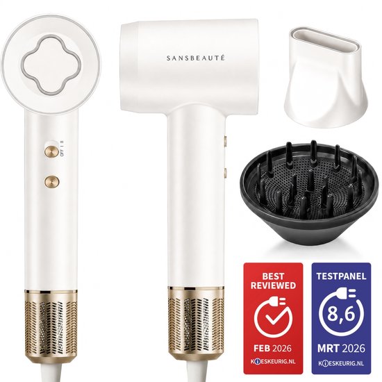 Sansbeauté® Föhn met Diffuser - Krullen - 110.000RPM - Ionische Haardroger met Borstel - 3 Standen - 3 Opzetstukken - Reisföhn - Sèche Cheveux - Krul Feun Set - Haarföhn met Defuser - Hair Blow Dryer - Kappersfohn - 2000W