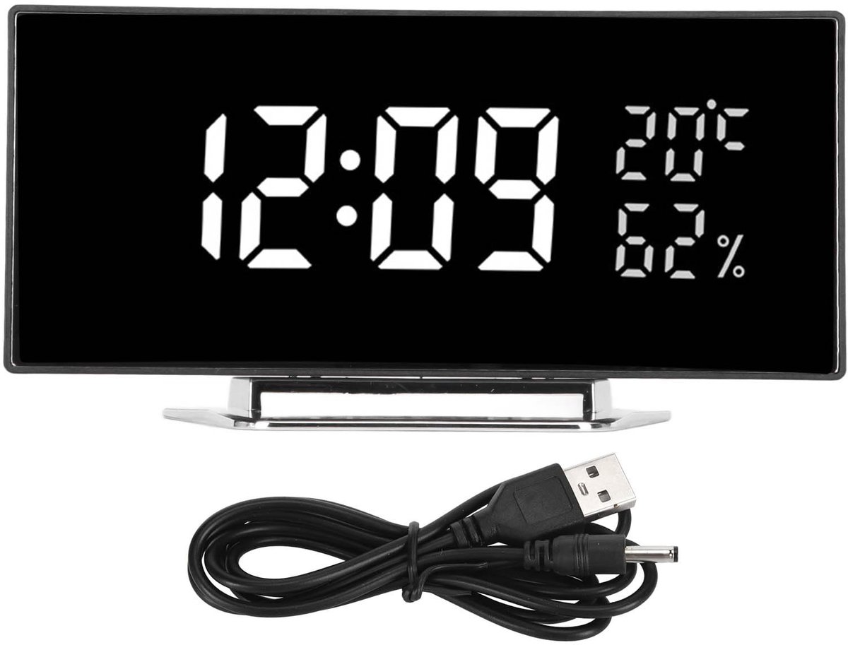 Dailygoods- Digitale Wekker Gebogen - LED Klok - Temperatuur-/Vochtigheidsweergave - 3 Niveaus Helderheid - Slaapkamer - ABS Materiaal
