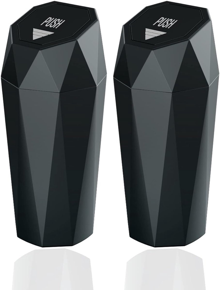 Thijox - Auto prullenbak met deksel, mini diamant ontwerp, draagbare prullenbak voor auto, kantoor, thuis en keuken, compacte zwarte afvalbak (2 stuks