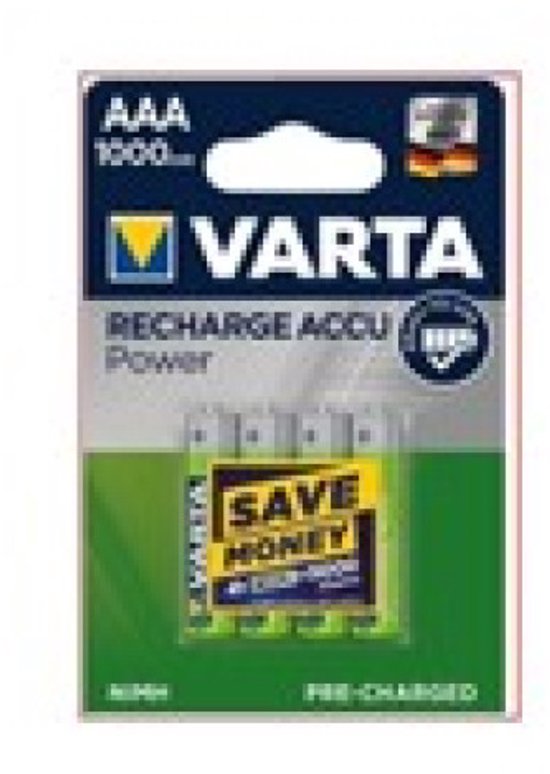 Varta AAA oplaadbare batterijen, 4 stuks in verpakking met 'Save Money' sticker.