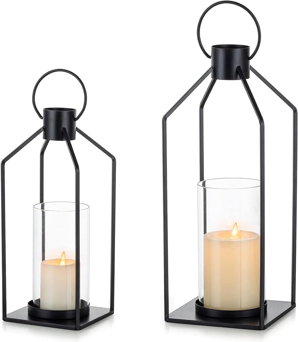 Decoratieve Lantaarns - Kaarsenhouders Set - Sfeerverlichting Buiten - Inclusief Windglas - Set van 2 - Zwart