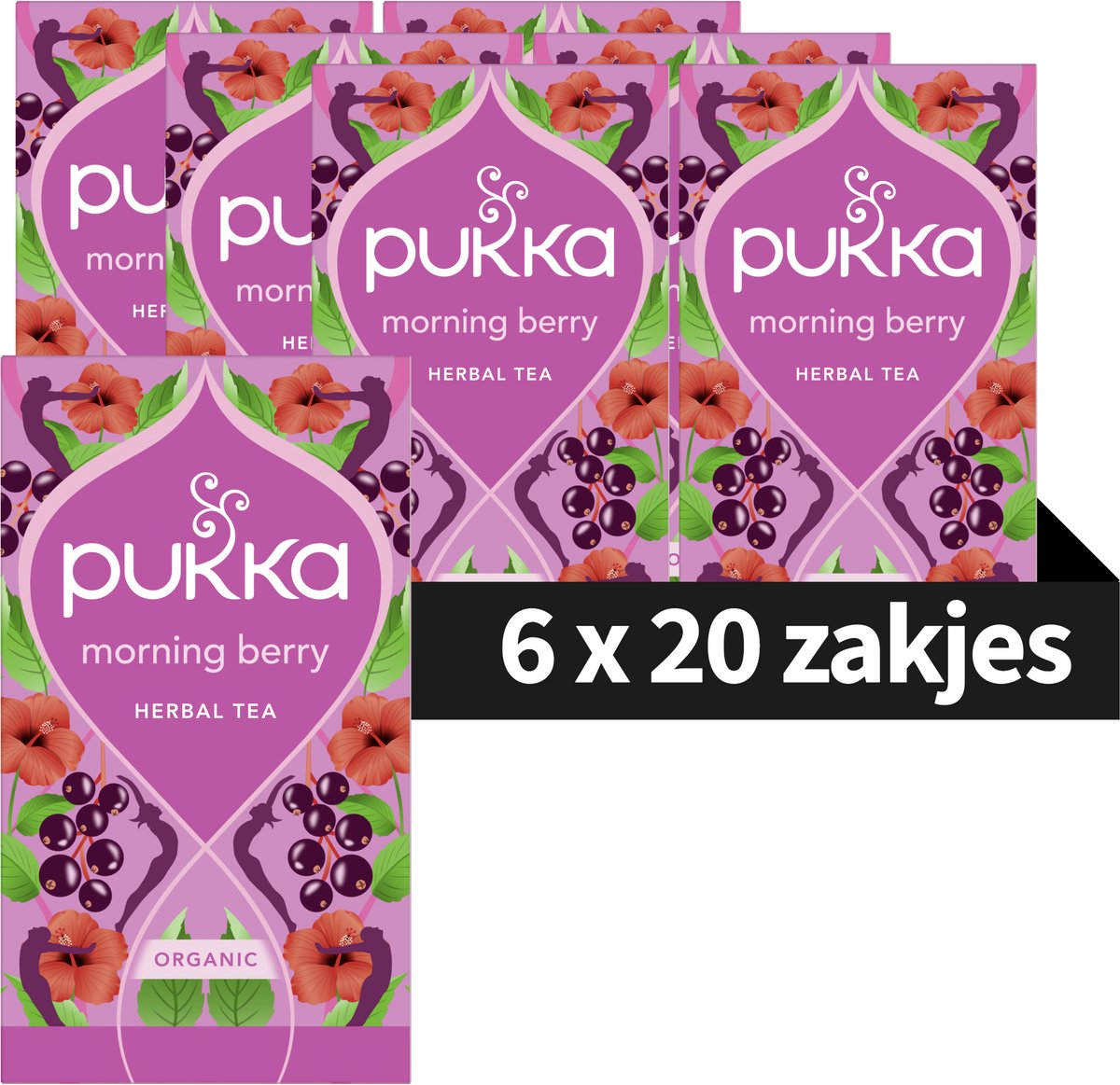 Pukka Tea Morning Berry - 120 Theezakjes - Biologische Kruidenthee - Rooibos, Hibiscus & Zwarte Bes - 6 x 20 zakjes - Thee Voordeelverpakking