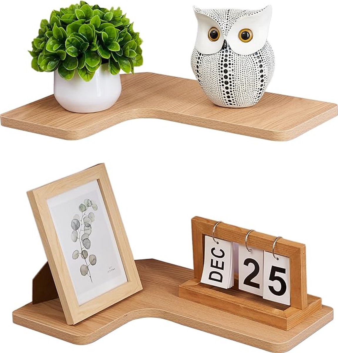 Set van 2 L-vormige Hoekplanken 40 cm - Houten Hangende Wandplanken - Zwevende Hoekrekken voor Keuken, Badkamer, Woonkamer en Slaapkamer - Natuurlijke Houtlook
