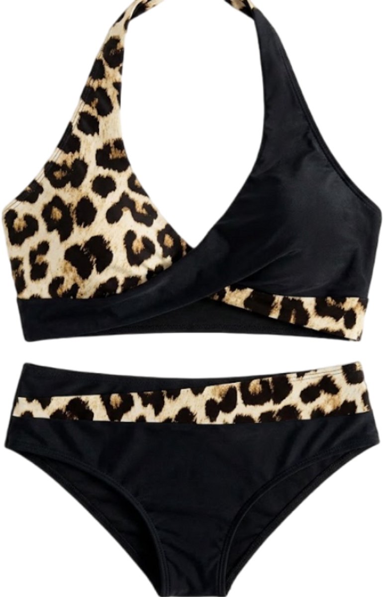 Zwart beige bikini set dames halter bikini zwempakset met luipaard print en gekruiste details hoge taille bikini broekje 2 delige strandkleding vakantie zwemkleding maat M
