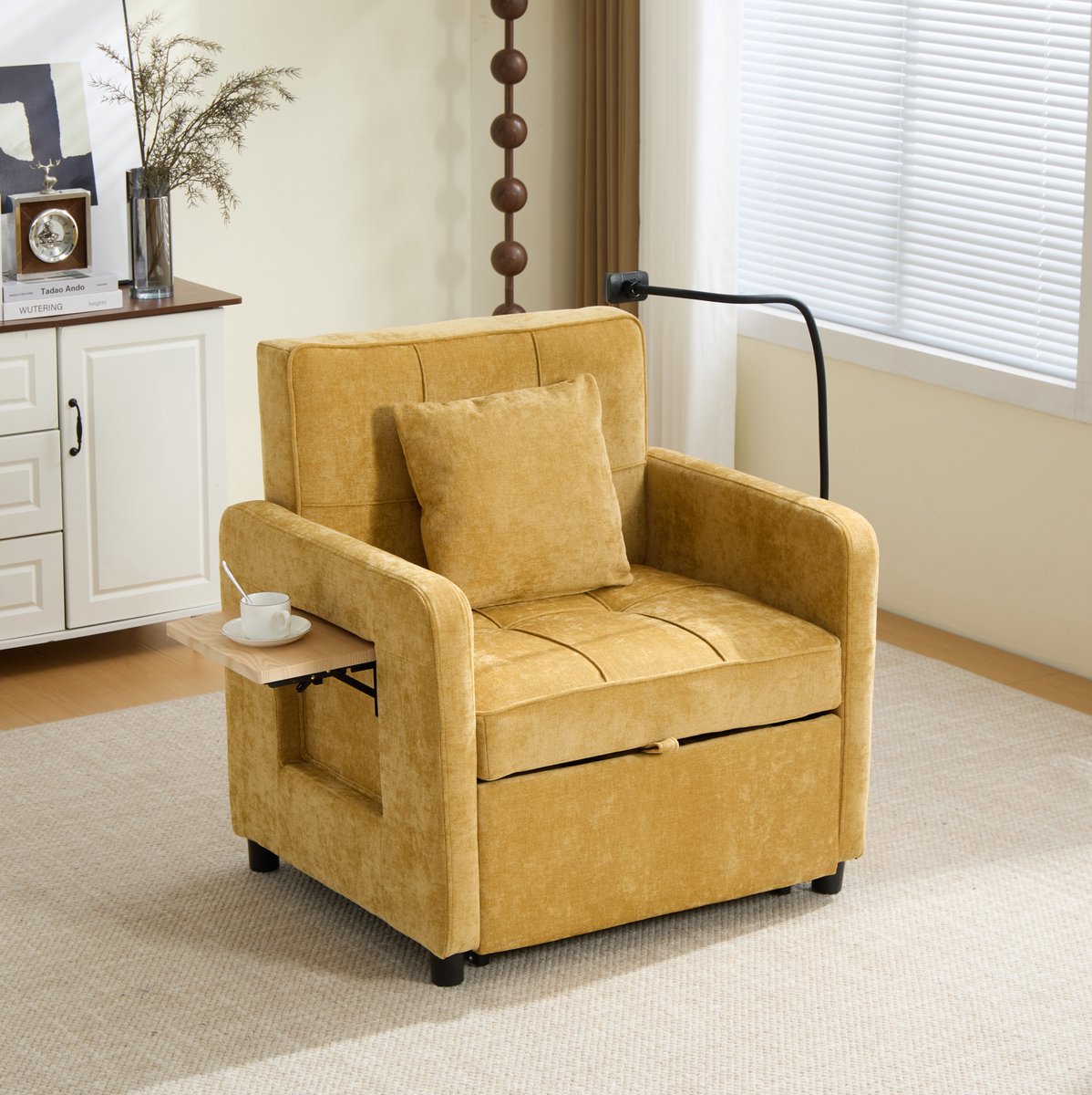 FloraGrace Fauteuil 79 x 83 cm - 2-in-1 Slaapstoel Met 5-Standen Rugleuning, Opbergvakken En Tafeltje - Chenille - Mosterdgeel