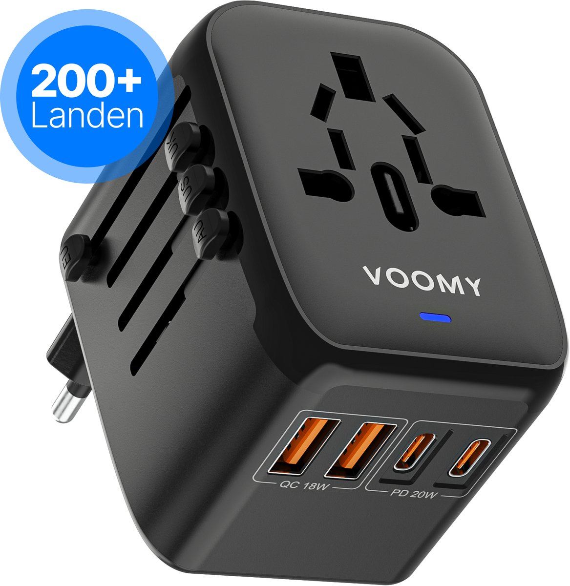 Bol.com Voomy Universele Wereldstekker - 200+ landen - 2 USB-C & 2 USB-A Poorten - 20W Snellader - Reisstekker Wereld: Amerika (... aanbieding