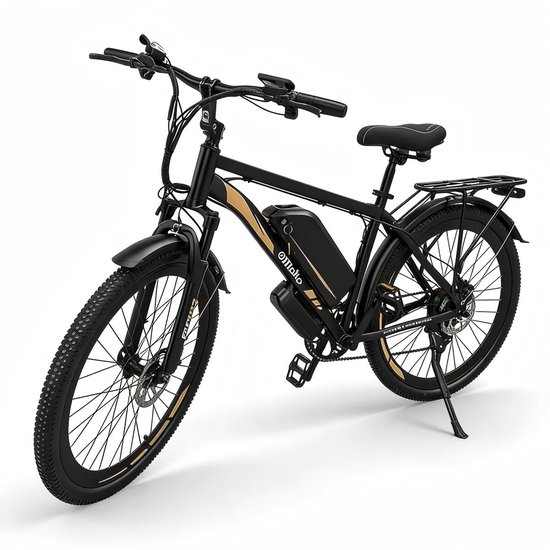 Zwarte elektrische fiets met een zwart frame, gele accenten, een batterij op het frame, spatborden en bagagedrager.