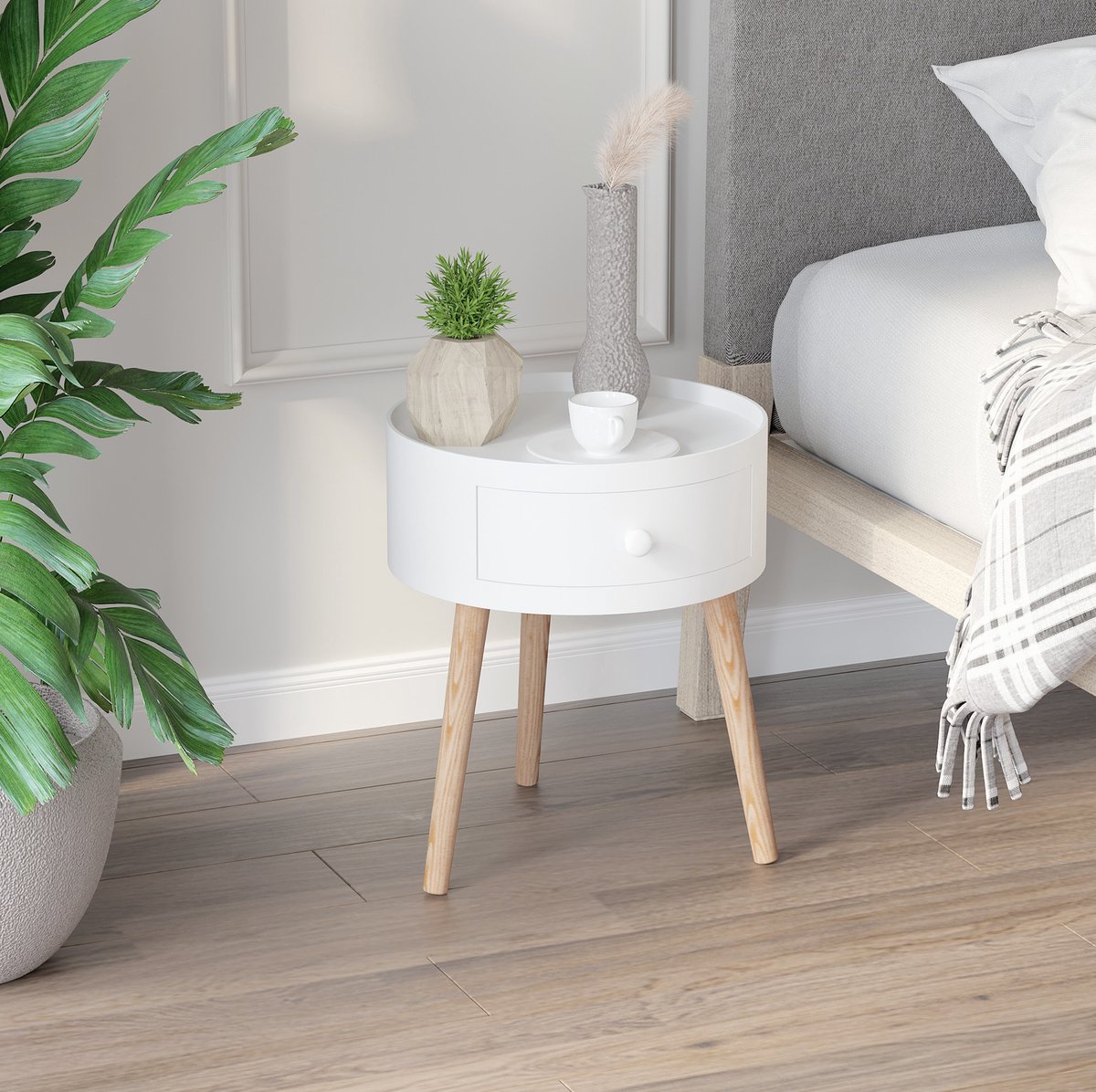 MEUNIQ ronde bijzettafel met lade 38 x 38 x 45 cm wit houten tafel met 3 poten Scandinavische koffietafel voor woonkamer of als nachtkastje in slaapkamer White