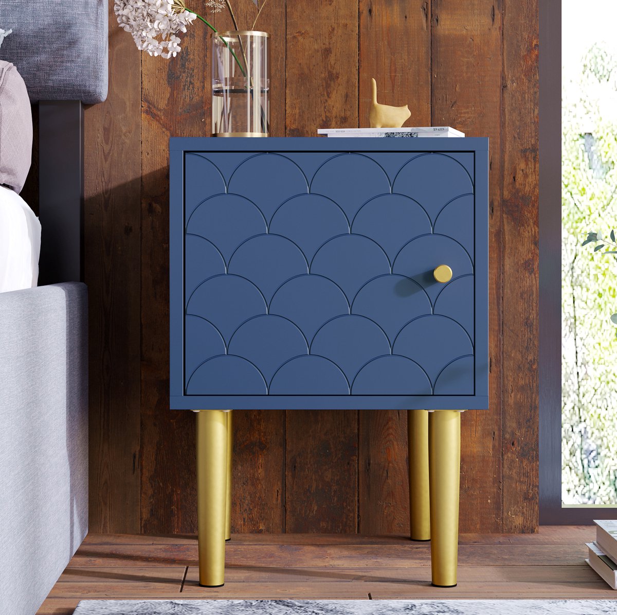 MIVRAY Nachtkastje - Visschubmotief Met Deur En Metalen Poten - Voor Slaapkamer En Woonkamer - Hout En Metaal - 35x35x51 Cm - Marineblauw