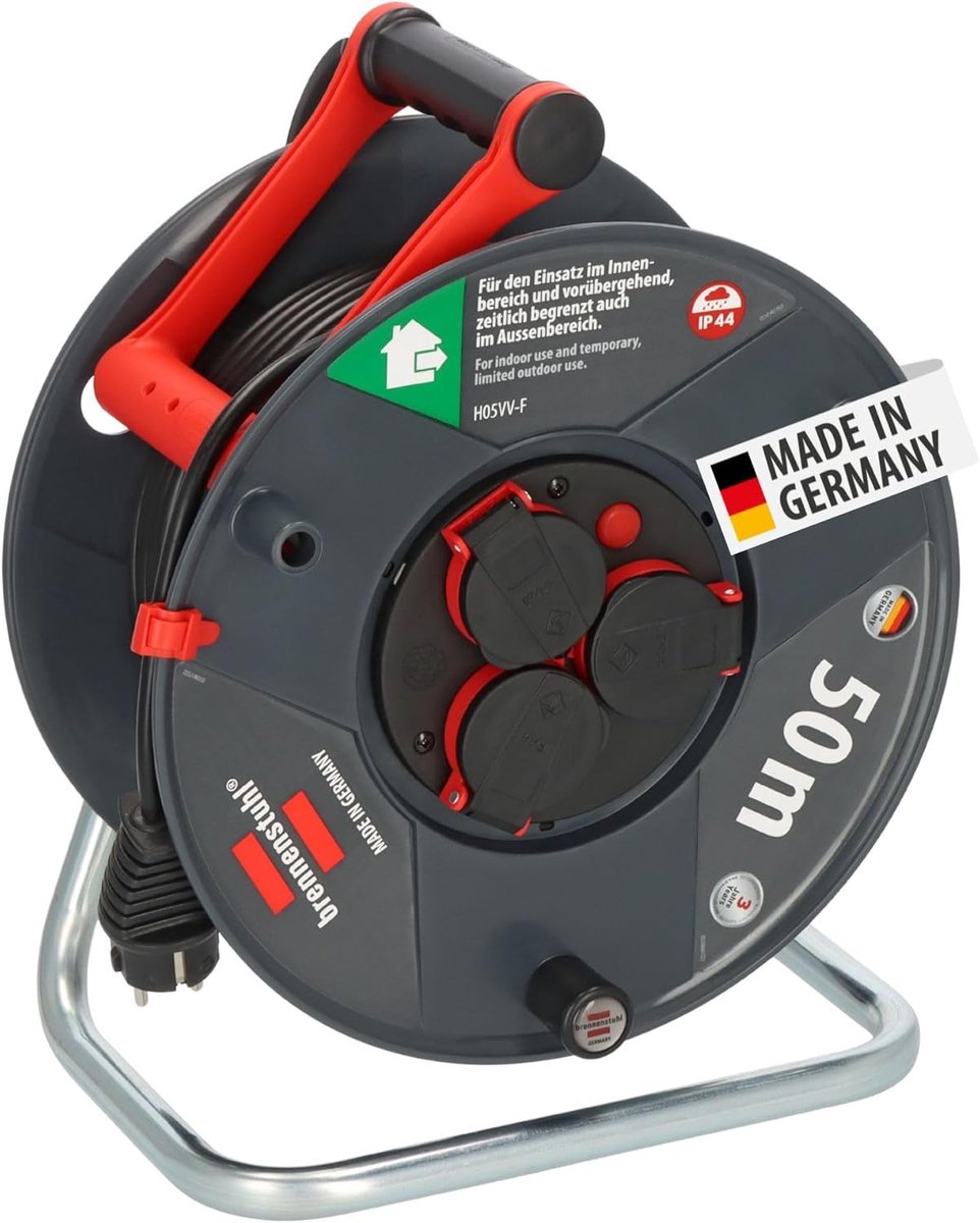 SnelShoppen - Kabelhaspel 50m Buiten met 3 Contactdozen, IP44, Robuuste Kabel, Oververhittingsbeveiliging, Tuin, Camping, Feest, Made in Duitsland
