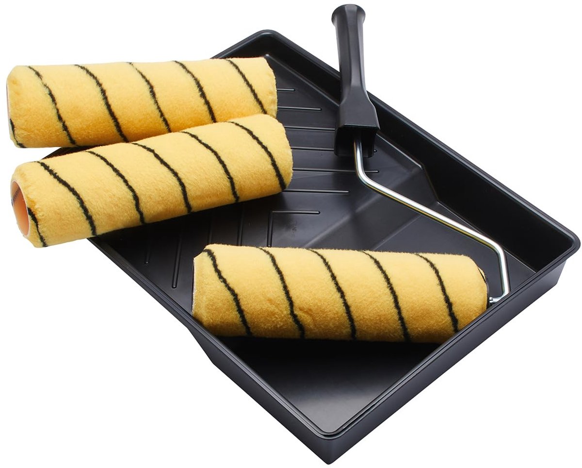 Thijox - 9 Inch Verfroller Set 5-delig - Triple Medium Pile Geweven Verfroller met Kooiframe en Ladeset voor Emulsie- en Metselverf, Perfect voor Binn
