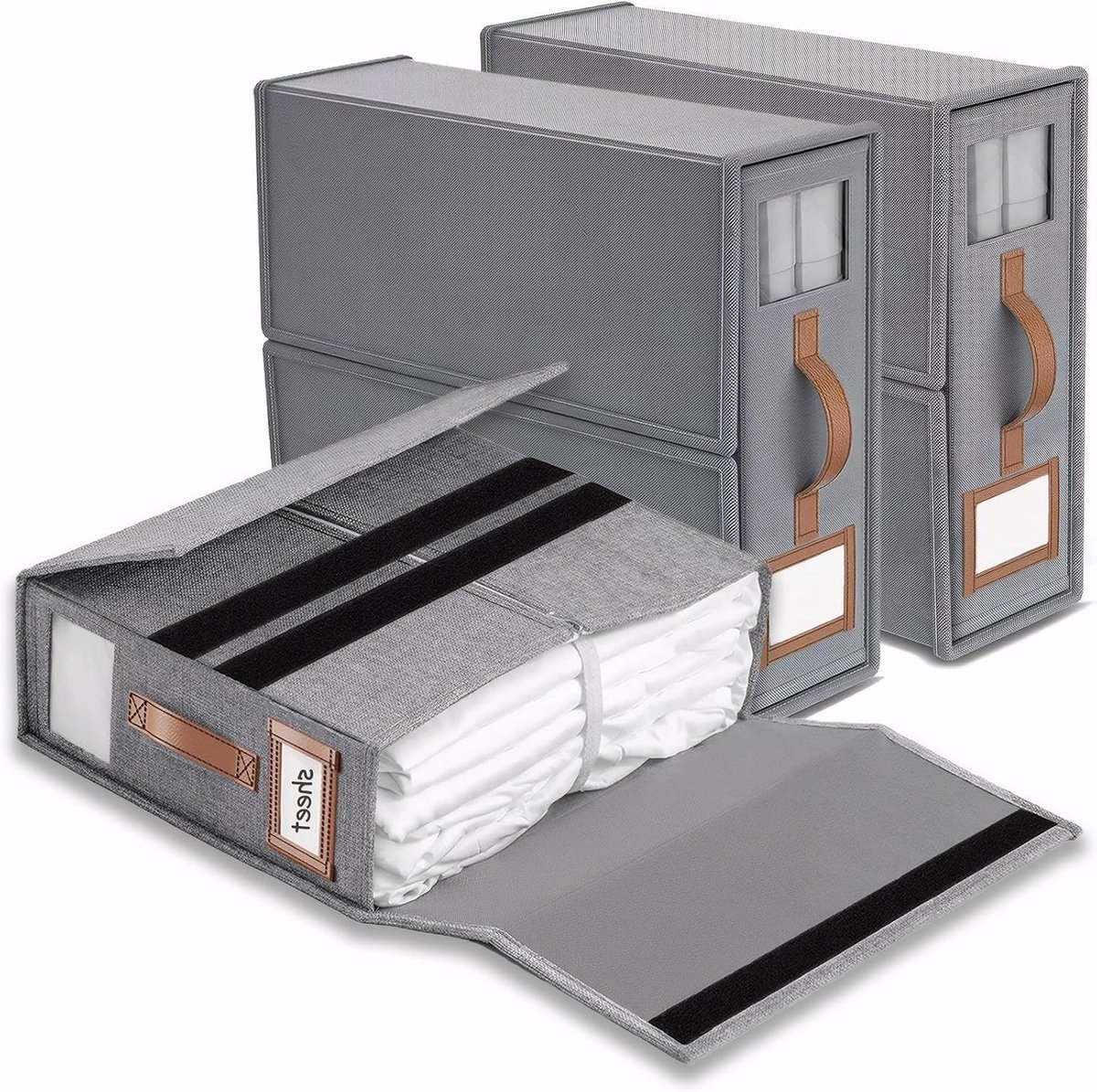 Thijox - Linnen Beddengoed Opbergorganizers 3 Pack - Opvouwbare Opbergdozen met Venster en Label - Voor Onder het Bed of in de Kledingkast - Organisee