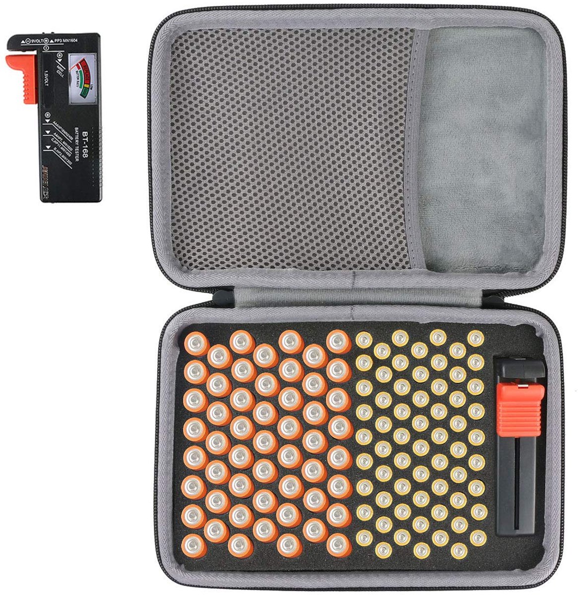 Thijox - Hard Travel Organizer voor Batterijen met Schouderriem, Opbergdoos voor 155 AA AAA C D 9V Lithium 3V Batterijen, Inclusief D-fantix BT-168D B