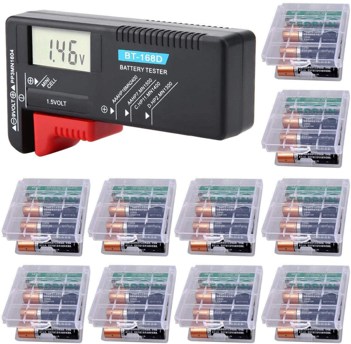 SnelShoppen - Digitale Batterij Tester LCD - Universele Tester voor AAA, AA, C, D, 9V, 1.5V Batterijen - Voltage Meter + 10 Opbergdozen voor AA en AAA