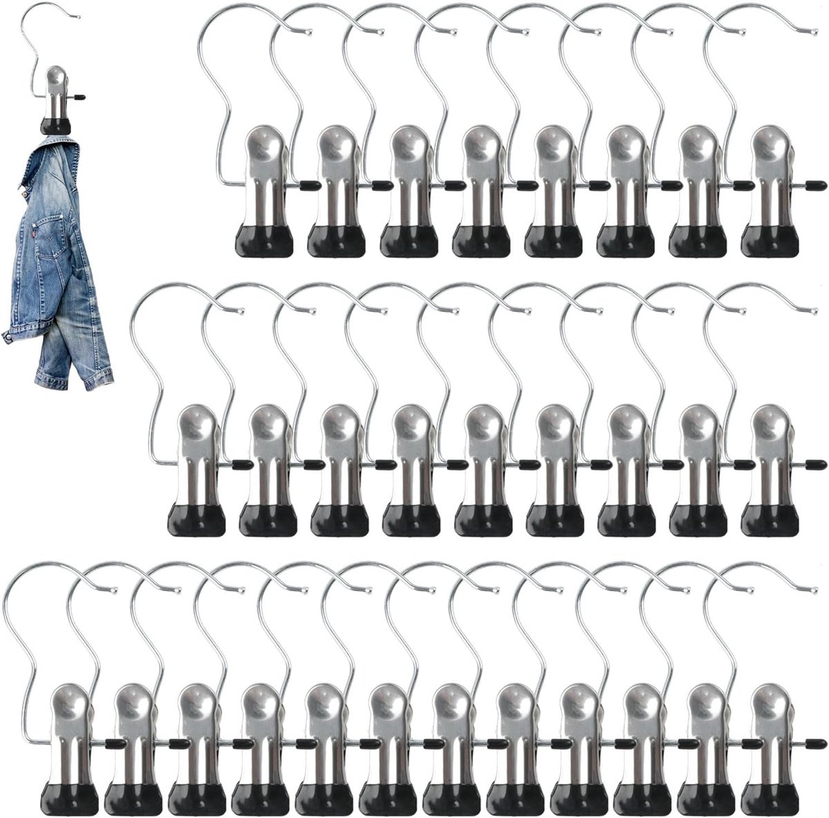 Thijox - Draagbare Washaken 30 Stuks Roestvrijstalen Wasknijpers Extra Sterk, 360° Draaibare Antislip Hanger Clips voor Broeken, Handdoeken, Sokken, R