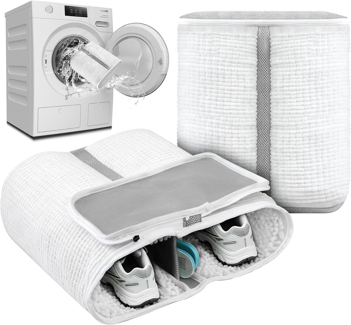Thijox - Schoenwaszak XL 2-in-1 Waszak voor Sneakers en Schoenen met Reiningsvak voor Zolen, Wit, Versterkte Ritssluiting, Geschikt voor Wasmachine