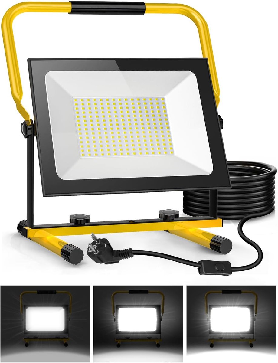 Thijox - Viugreum 200W LED Bouwlamp 20000 Lumen | Koudwit 6500K | IP66 Waterdicht | 3 Dimmniveaus | 3m Kabel voor Bouwplaatsen en Werkplekken