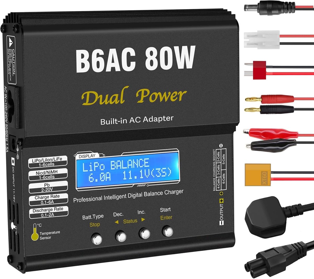 Thijox - HTRC B6AC Balancer LiPo Lader 80W 6A voor LiPo/Li-Ion/Life (1-6S), NiMH/NiCd (1-15S), PB Smart met LED-scherm, XT60/Deans/JST Aansluitingen