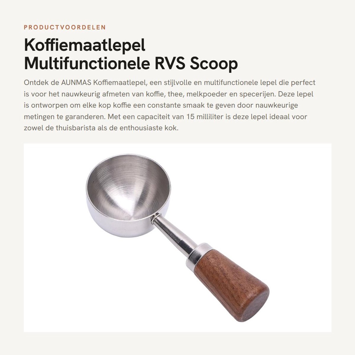 Dailygoods- Koffielepel 15ml - Roestvrij Staal - Houten Handvat - Multifunctioneel - Precisie Maatlepel - Duurzaam Ontwerp