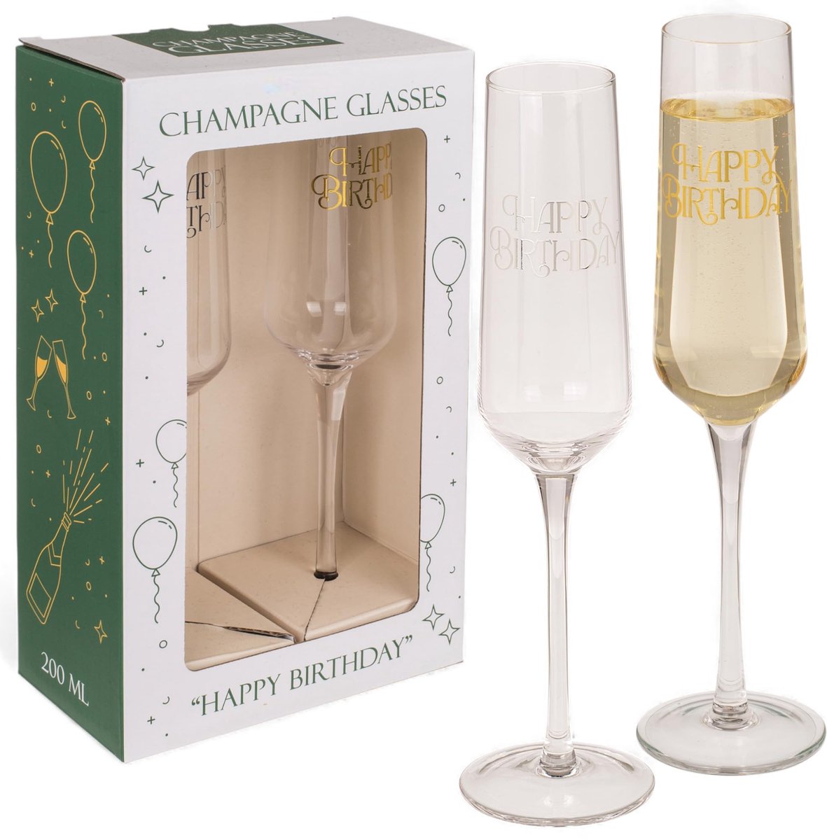 Dailygoods- Champagneglazen set 2-delig 200 ml - Happy Birthday design - metallic print - cadeau voor verjaardagsfeest - 7 x 26 cm - elegante vorm - Feestglazen