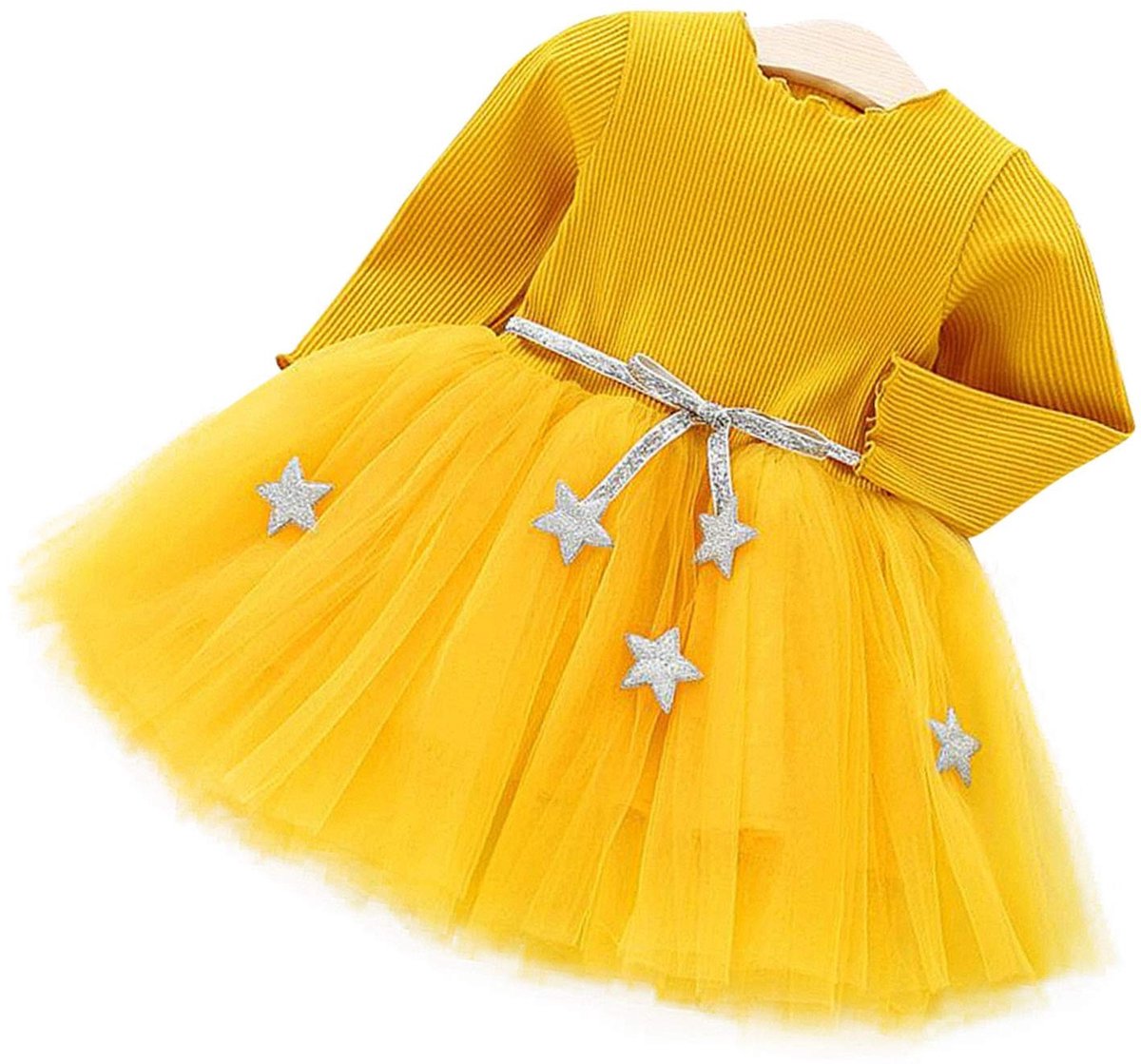 Dailygoods- Tutu Jurk Met Lange Mouwen - Gebreide Baby Jurk - Prinses Jurk - Tule Jurk - Feestjurk Voor Kinderen - Zilveren Pailletten Tailleband