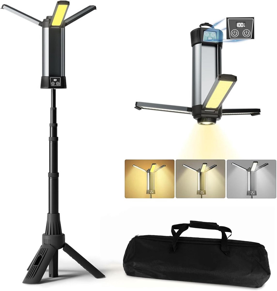 SnelShoppen - Campinglamp met 6000 mAh, Draadloze Werklicht met 3 Instelbare Kleurtemperaturen, Super Sterke Zaklamp, Uitbreidbare Statief, 2000 Lumen