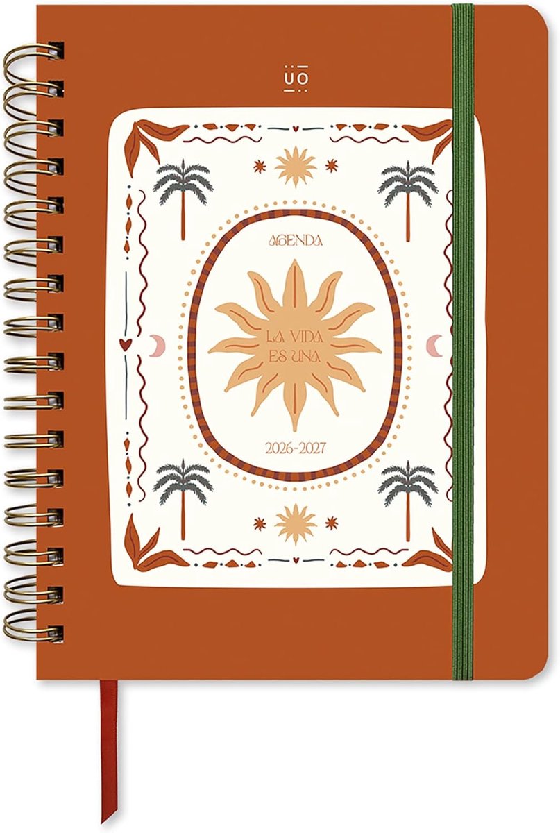 SnelShoppen - UO Sunset Schoolagenda 2026-2027, Harde Kaft, Weekoverzicht met 134 Stickers, Elastiek, Liniaalmarker, Tabblad, Terracotta Bruin