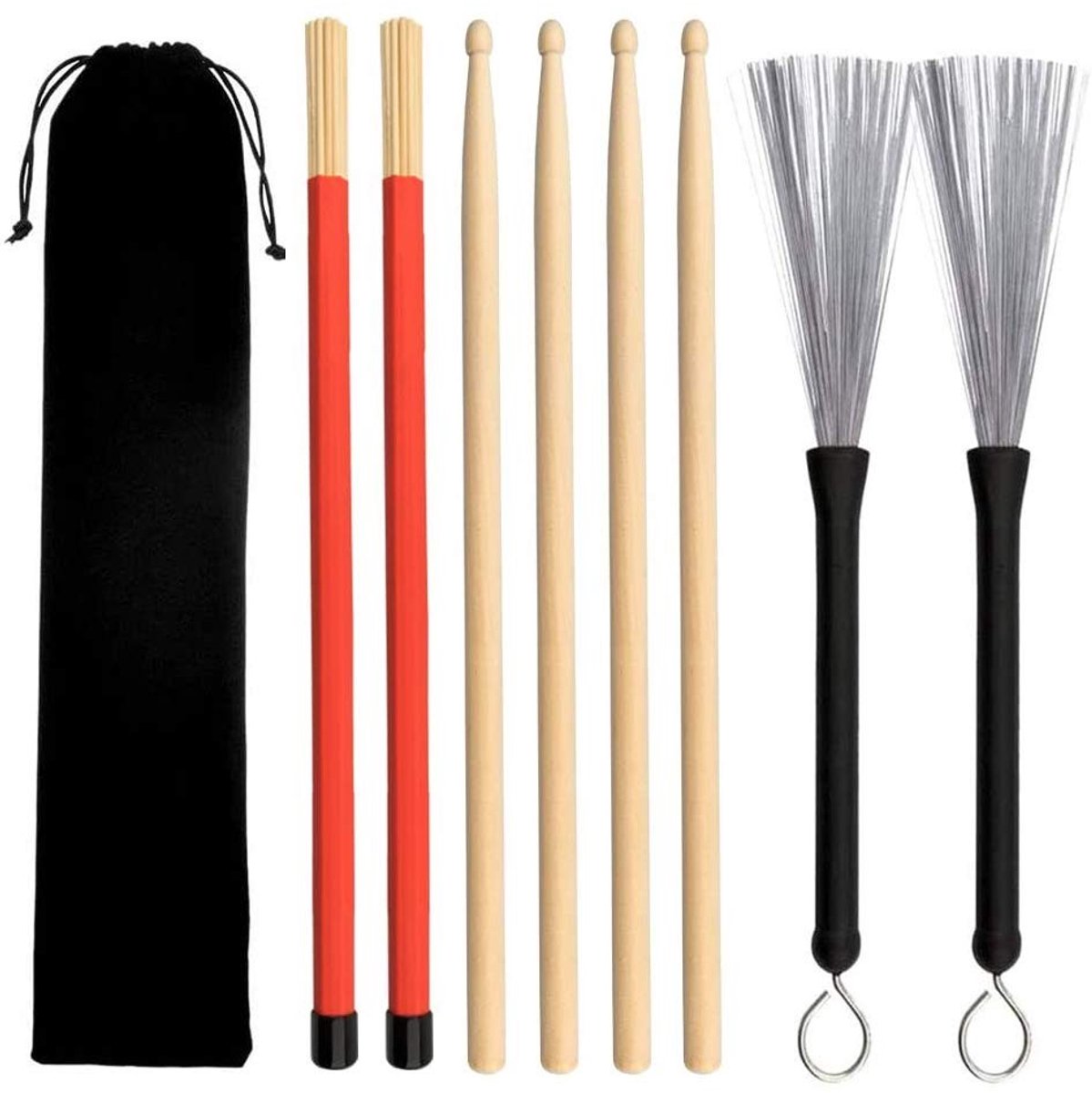 Dailygoods - Drumstickset - 2 Paar Esdoorn Drumsticks met Drumborstels en Tas