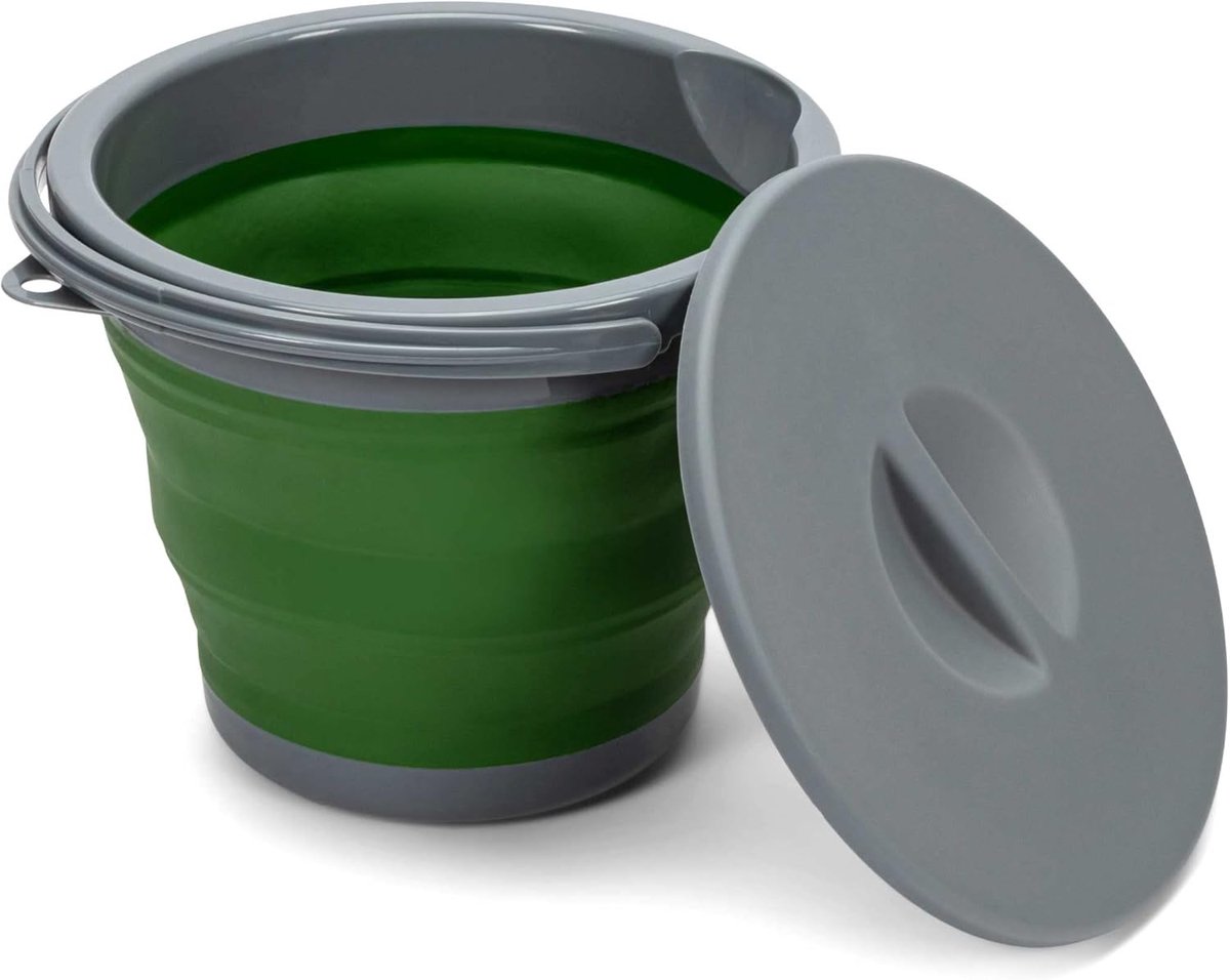 Thijox - Opvouwbare Emmer 5 Liter met Deksel en Handvat | Perfect voor Kamperen, Vissen, Schoonmaken | Grijs Groen Siliconen en Plastic Wateremmer