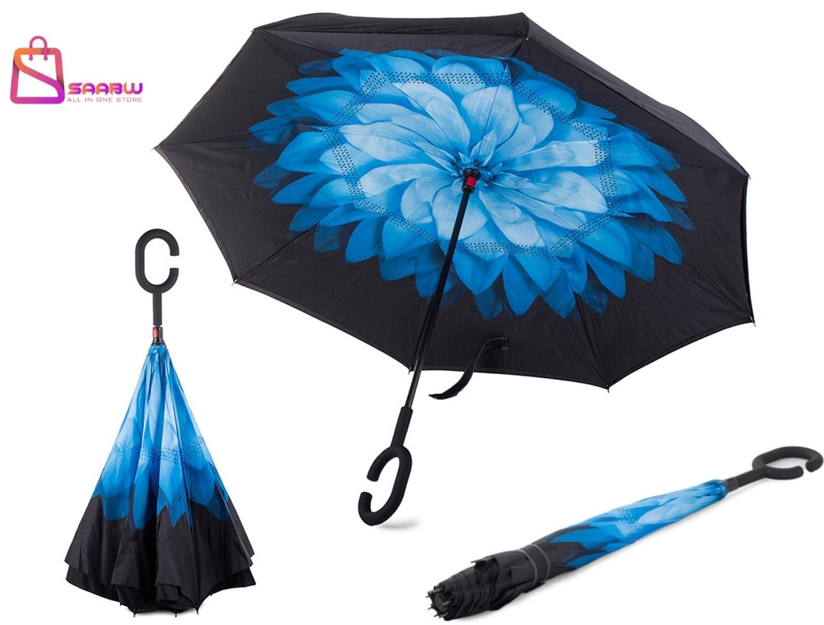 Opvouwbare Omgekeerde Paraplu - Inverted Umbrella - Windbestendig - Zelfstaand - Dubbele Laag - C-Handvat - Zwart - paraplu opvouwbaar - paraplu kind - 58054