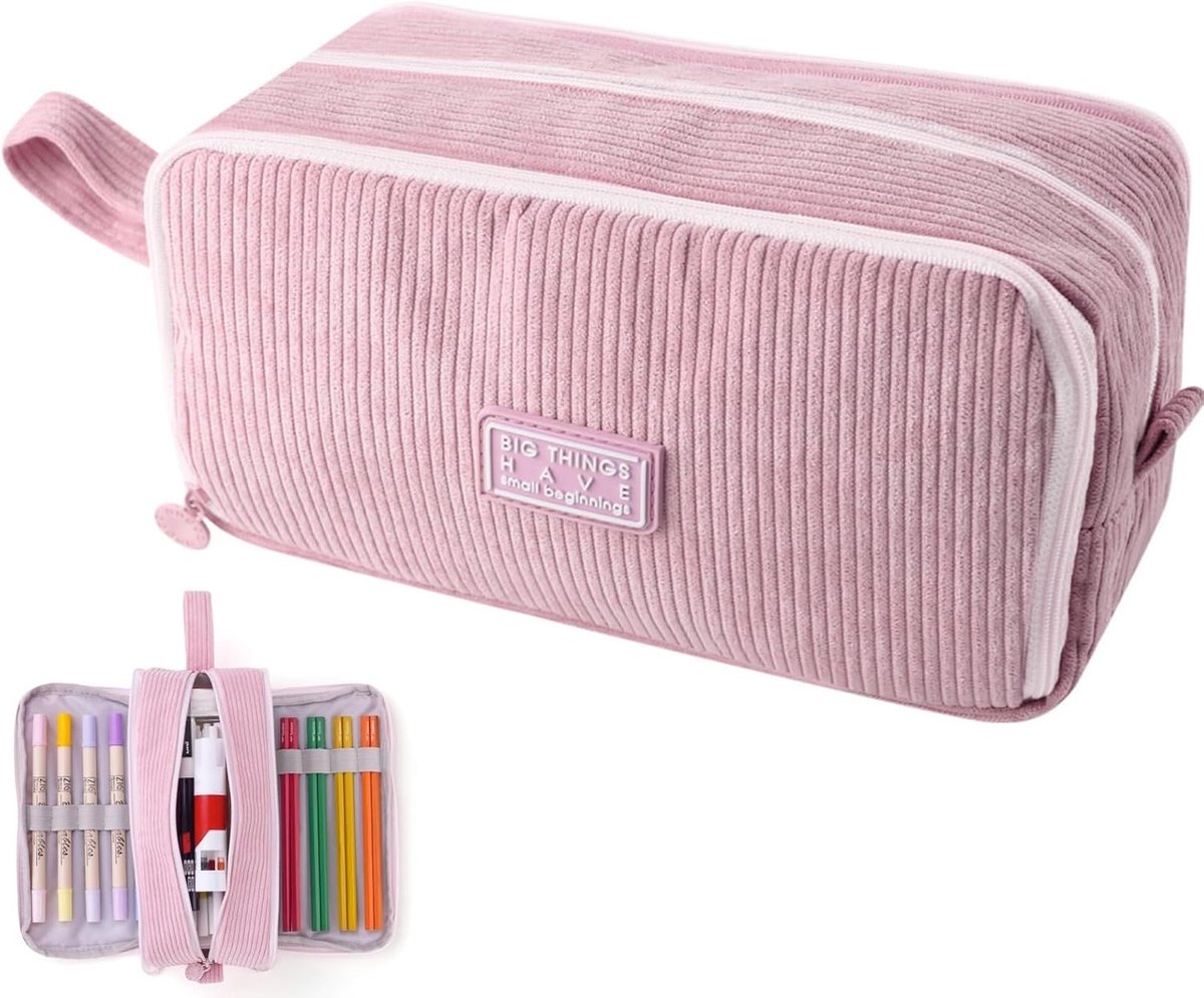 SnelShoppen - Grote Pennenhouder Corduroy Etui met 3 Compartimenten en Handvat, Lichtgewicht en Slijtvast, Geschikt voor Jongeren, Volwassenen, School