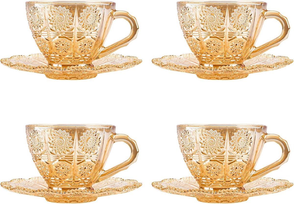 Set van 4 Vintage Glazen Theekopjes met Schotels, 150ml Koffiemokken met Bloemenpatroon voor Thee en Koffie, Perfect voor Volwassenen en Gezelligheid