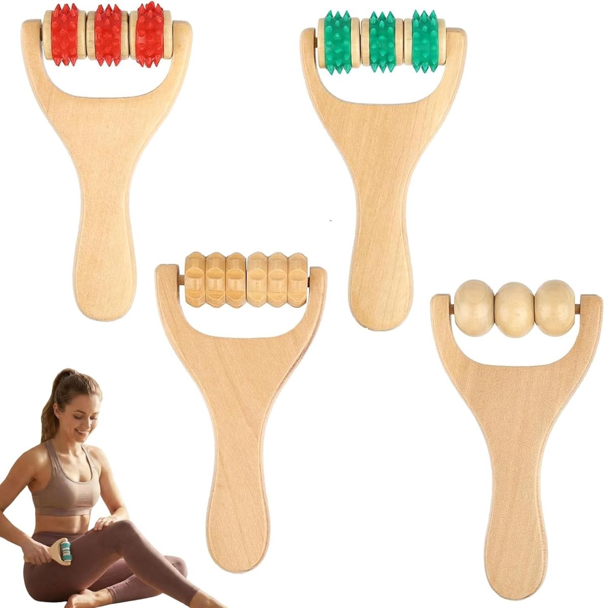4 stuks massageroller hout met handvat - ergonomische massageroller voor rug, benen, armen en volledig lichaam - ShopVlot