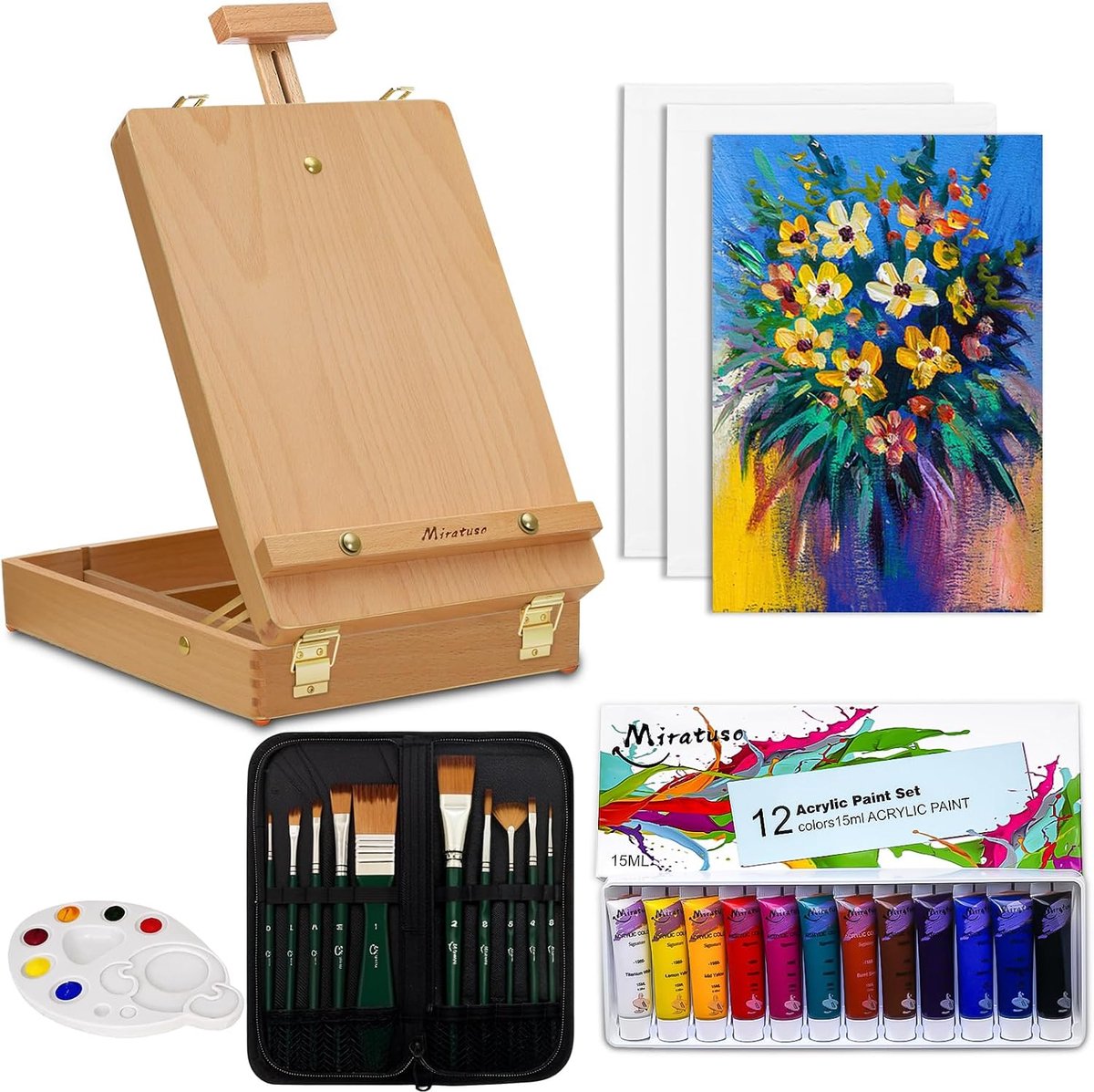 Thijox - 27-delige Acrylverfset voor Beginners met Beukenhouten Tafelblad-Ezel, 12 Acrylverven, 10 Penselen, 3 Canvaspanelen en Palet - Kunstbenodigdh