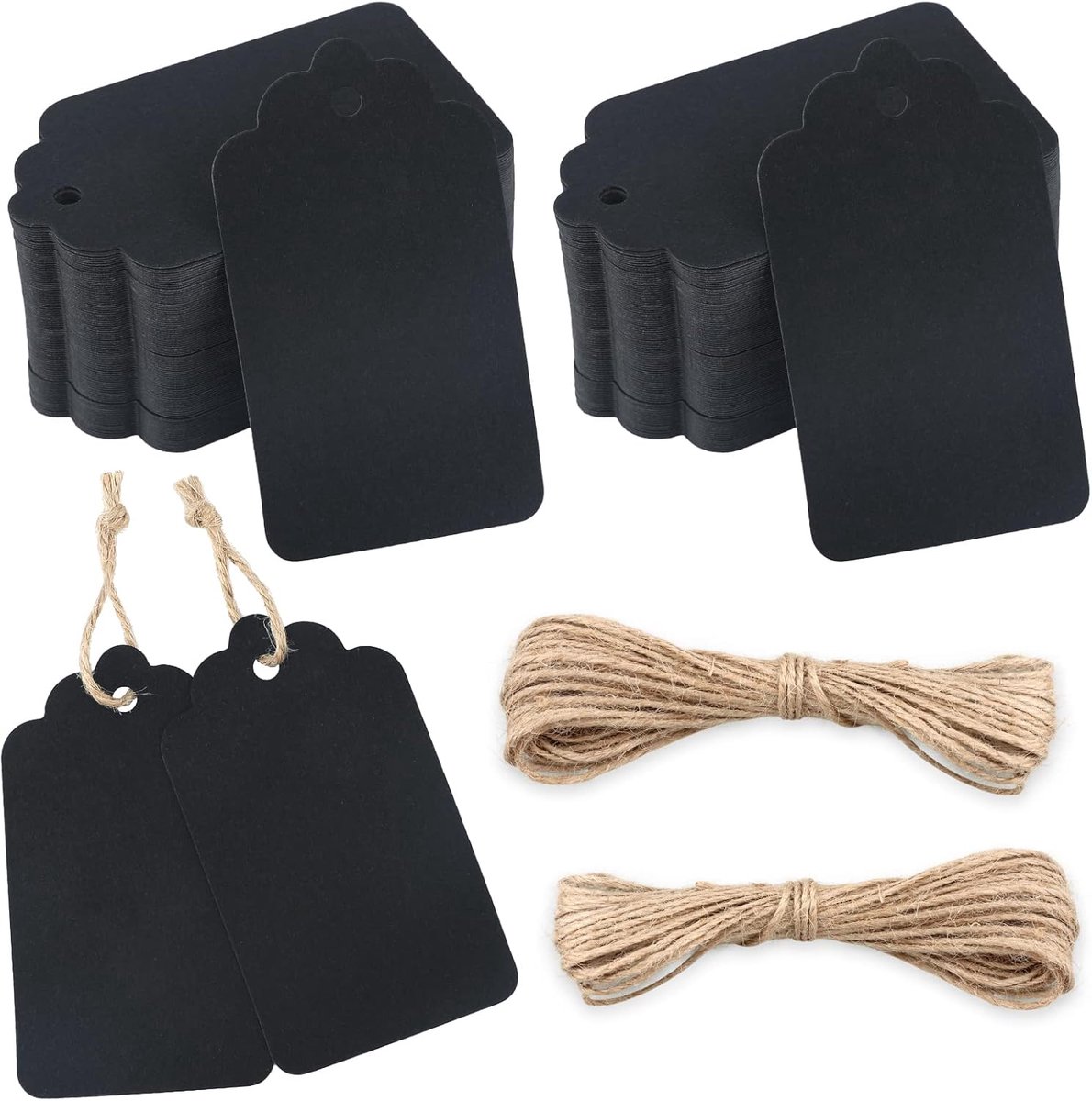 Thijox - 100 Stuks Kraftpapieren Hangers Cadeaulabels 7 x 4 cm met Jute Koord, Zwarte Kraftpapieren Etiketten voor Knutselen, Geschenkverpakking, Brui