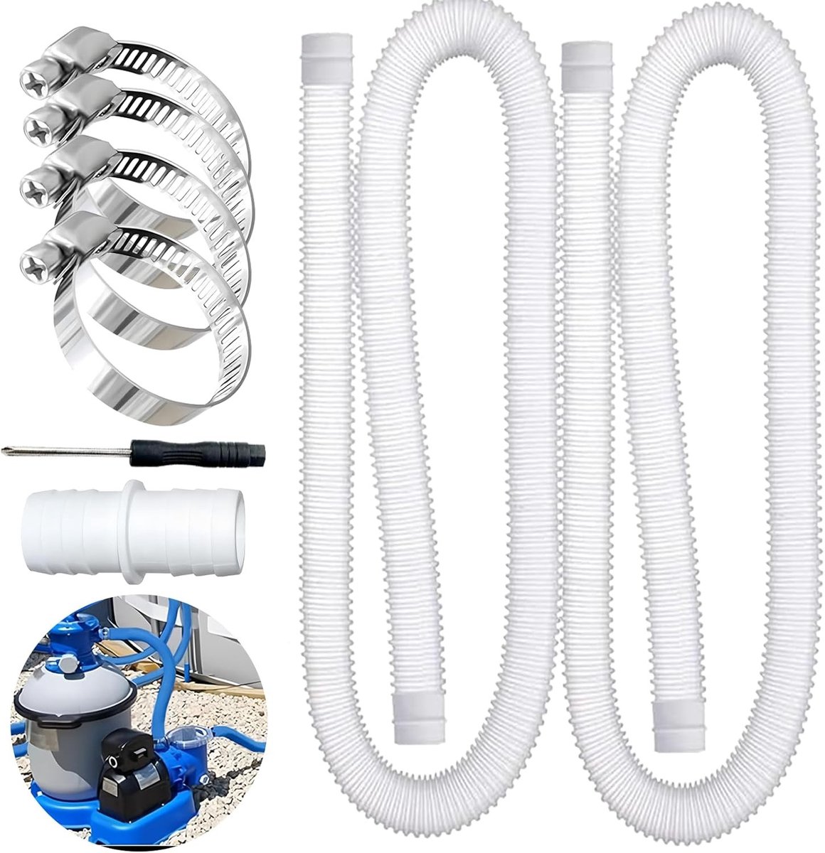 Verlengslang voor zwembadpomp 150 cm - Diameter 32 mm, 2 stuks met 4 veiligheidsclips en 1 slangconnector, ideaal voor zwembadonderhoud