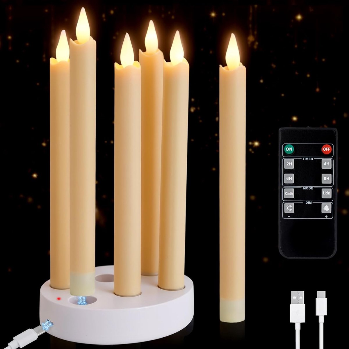 SnelShoppen - 6 Stuks Oplaadbare Vlamloze Staafkaarsen met Laadstation en Afstandsbediening, Flikkerende LED Kaarsen voor Thuis, Bruiloft, Kerst, Than