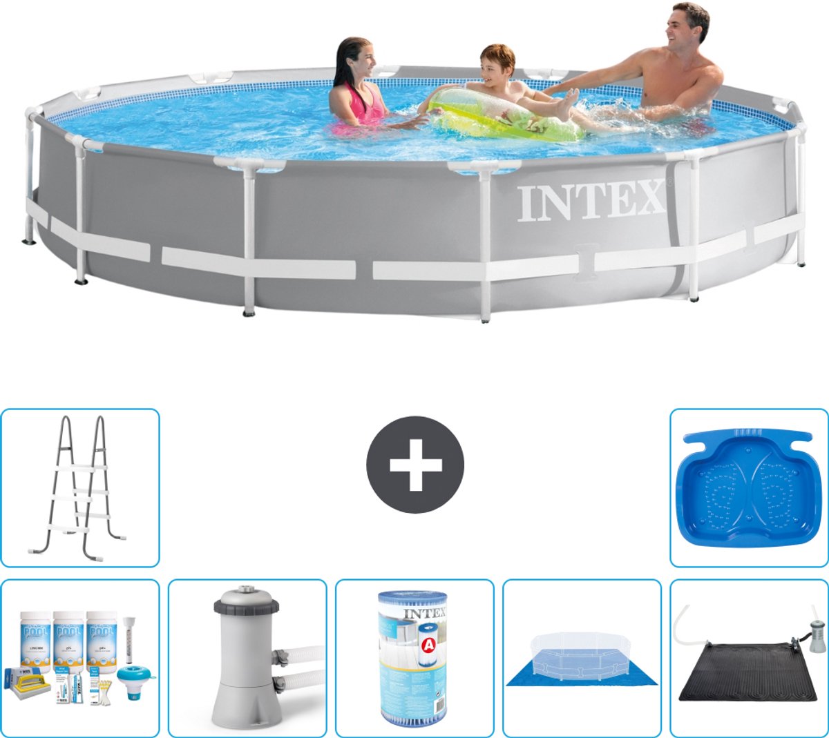 Intex Rond Prism Frame Zwembad - 366 x 76 cm - Grijs - Inclusief Onderhoudspakket - Zwembadfilterpomp - Filter - Grondzeil - Solar Mat - Ladder - Voetenbad - 8-delig
