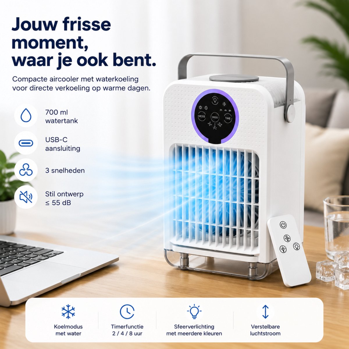 DreamGoods Aircooler - Verkoelen Met Water of IJs - 3-in-1 Luchtkoeler - Koelen, Ventileren & Bevochtigen - 700ML Watertank - Aircooler met Koelelementen - Air Cooler - Ventilateur - Mobiele Airco - Mini Airco zonder Afvoerslang - Koelventilator – foto 5