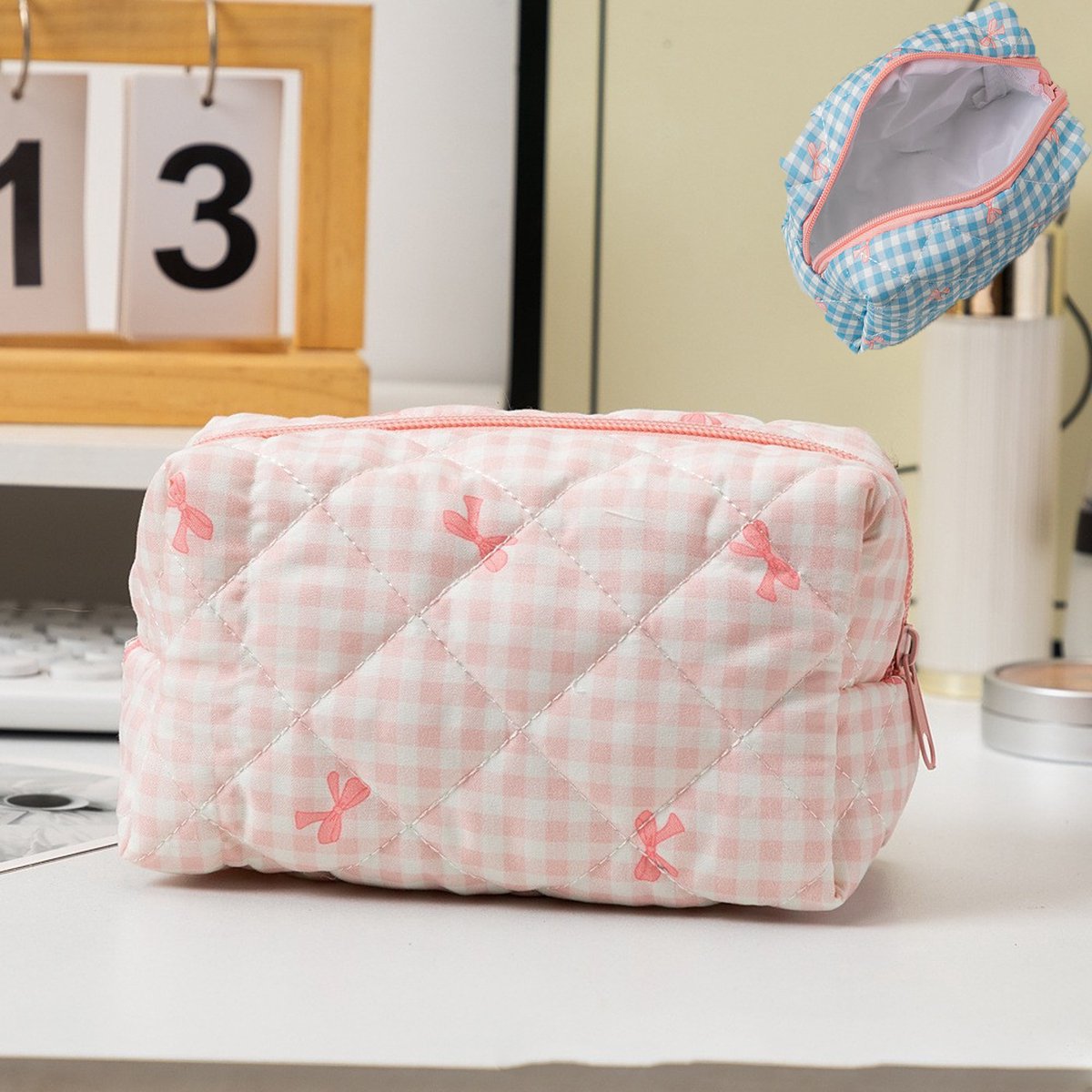 KZQ Gestepte katoenen make-up tas en potloodetui met strik en bloemenprint - Schattige kawaii reis cosmeticatas en pennenetui voor dames en meisjes - Roze