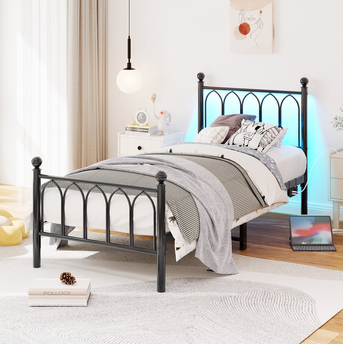 MIVRAY Metalen Bed 90x200 cm - Eenpersoonsbed met LED en USB Oplaadpunt - Zonder Matras met Opbergruimte - MDF en Metaal - Zwart
