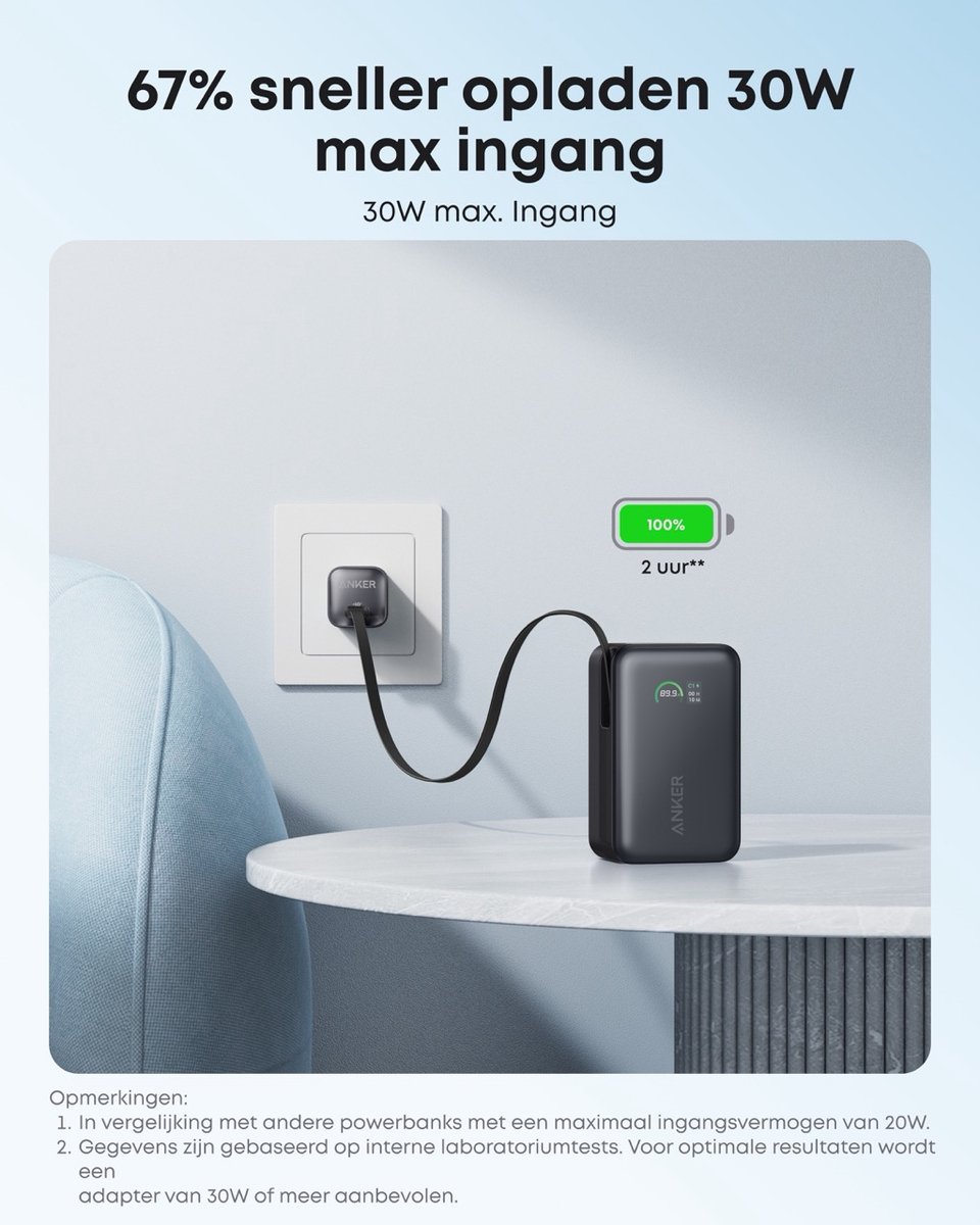 Anker Nano Powerbank 10.000 mAh Zwart met Intrekbare Kabel - afbeelding 3
