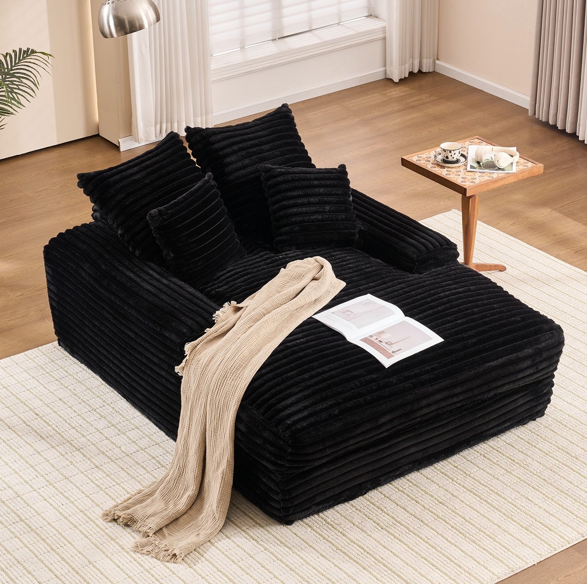 FloraGrace Chaise Longue 135 x 165 x 58 cm - Zonder Montage, Met 4 Afneembare Kussens & Ergonomische Armleuningen - Voor Woonkamer - Ribstof - Zwart