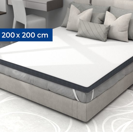 Surmatelas de 200 x 200 cm avec un dessus blanc et des côtés gris foncé, empilé sur un lit.