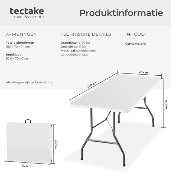 tectake® Inklapbare Campingtafel - 180 x 70 x 74 cm - Kampeertafel - Picknicktafel - Tuintafel - Weerbestendig - Buffettafel - Met Draaggreep - Wit van TecTake — afbeelding 3