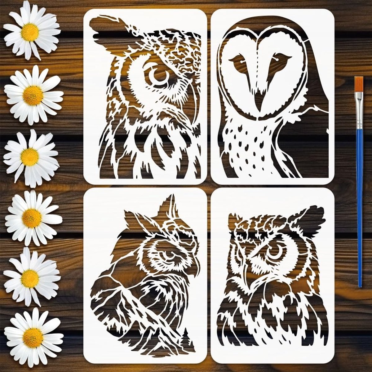 Dailygoods- Uilensjablonen 4-delig - Herbruikbare Sjablonen - Schilderen op Hout - Dieren Thema - Creatieve Accessoires - 21 x 29,7 cm - Schilderstencils