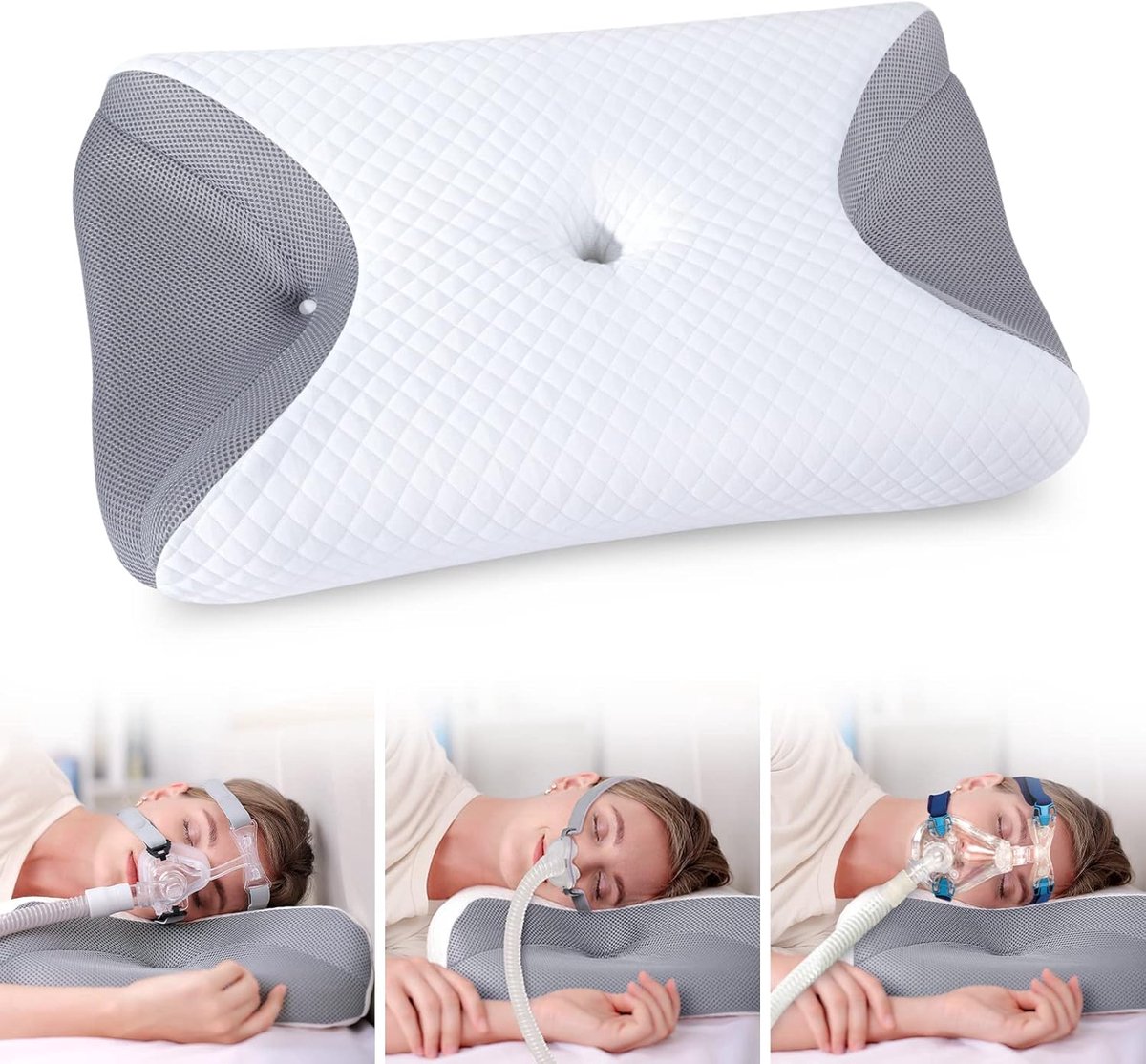 Thijox - CPAP Kussen voor Zijslapers - Traagschuim Hoofdkussen - Verminder Luchtlekken en Druk - Ideaal voor Slaapapneu - Grijs 65x40x9/11cm