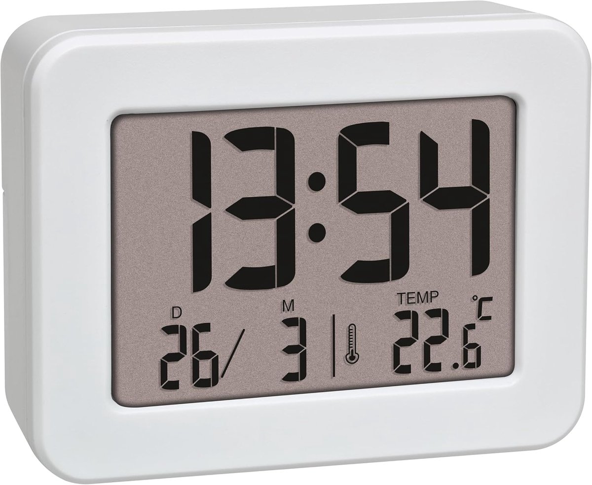 Thijox - Mini wekker met temperatuur, digitale tafelklok, batterijaangedreven, met datum en alarm, compact en wit, ideaal voor thuis en op reis